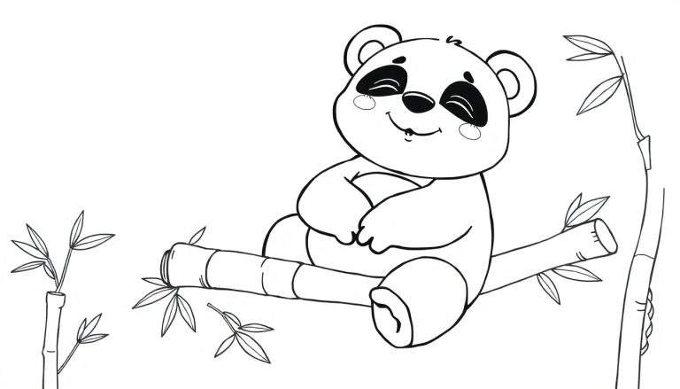 Placa de color de un panda feliz sentado en bambú.