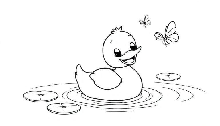 Un patito de dibujos animados sonriendo en un estanque con mariposas y nenúfares, listo para colorear la placa de color.