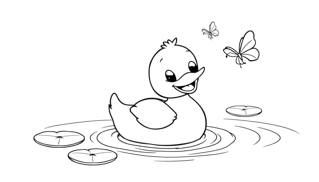 Un patito de dibujos animados sonriendo en un estanque con mariposas y nenúfares, listo para colorear la placa de color.