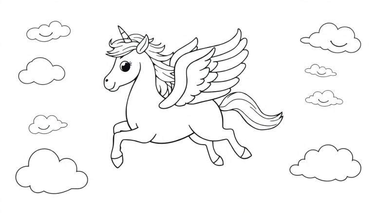Un unicornio alado para colorear en su placa de color, volando entre nubes sonrientes.
