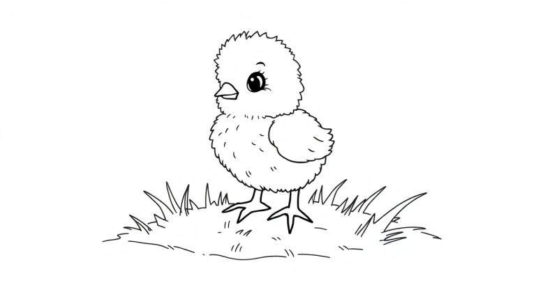 Placa de color de un pollito tierno de pie sobre hierba.