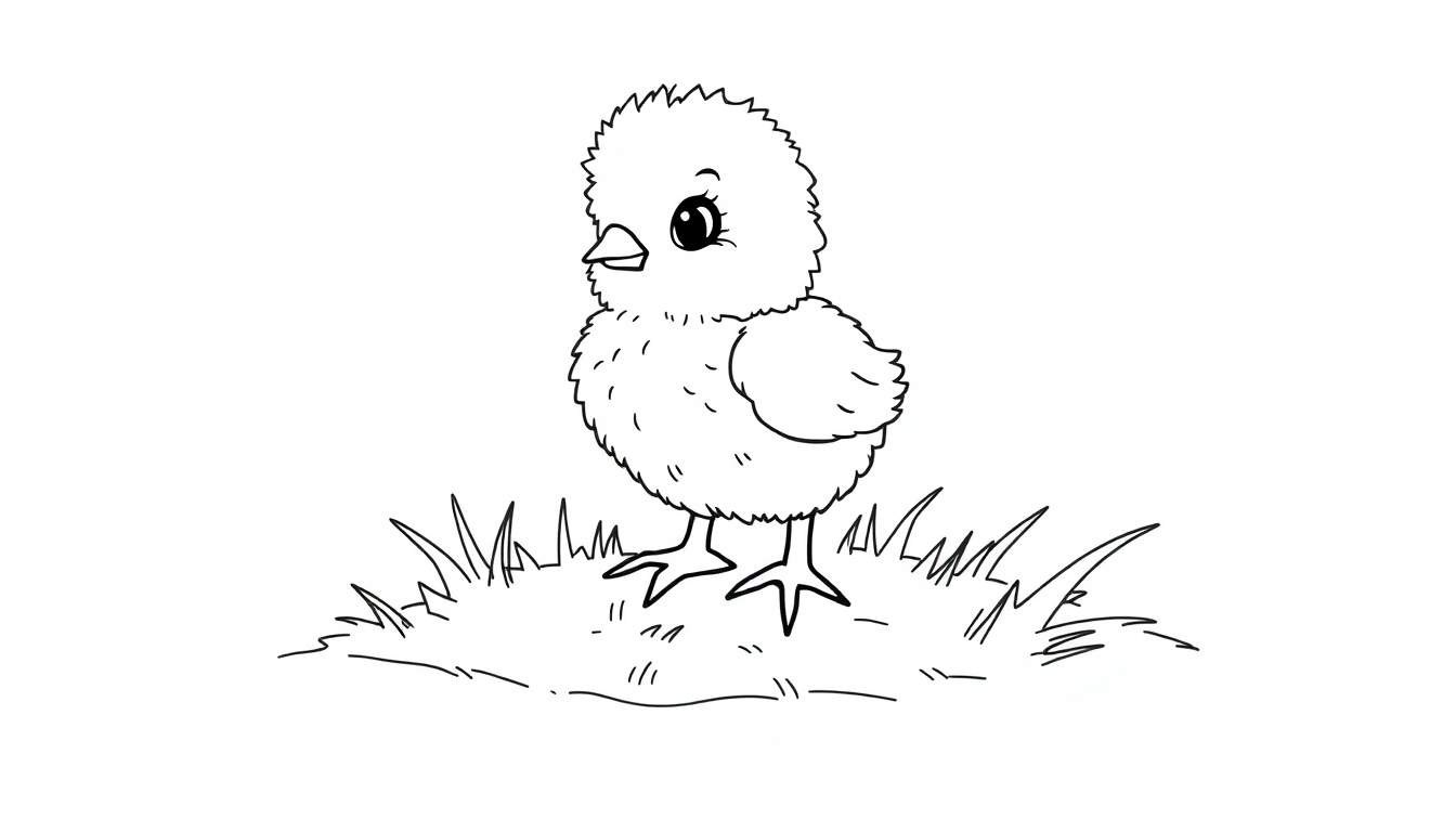Placa de color de un pollito tierno de pie sobre hierba.