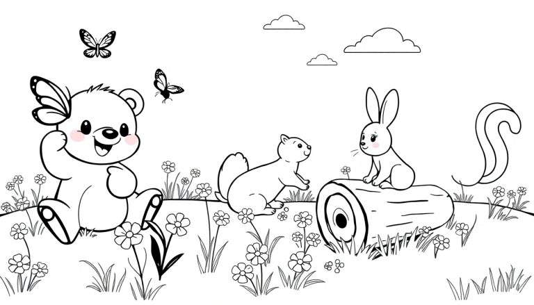 Placa de color para colorear de un oso con mariposas y otros animales del bosque.