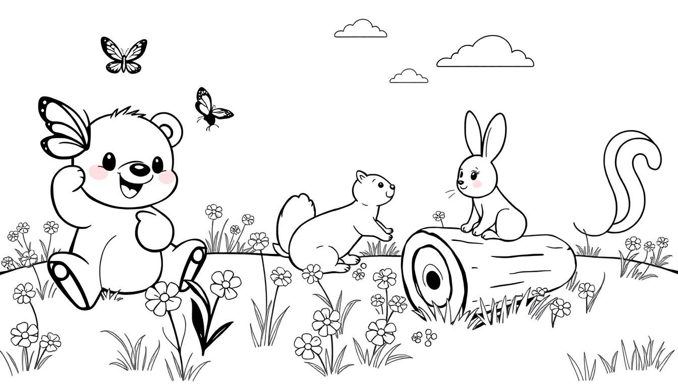 Placa de color para colorear de un oso con mariposas y otros animales del bosque.