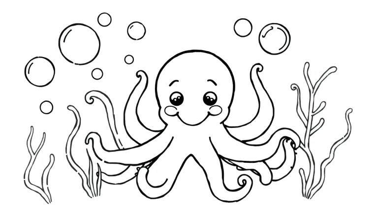 Placa de color de un pulpo amigable saludando en el fondo del mar.