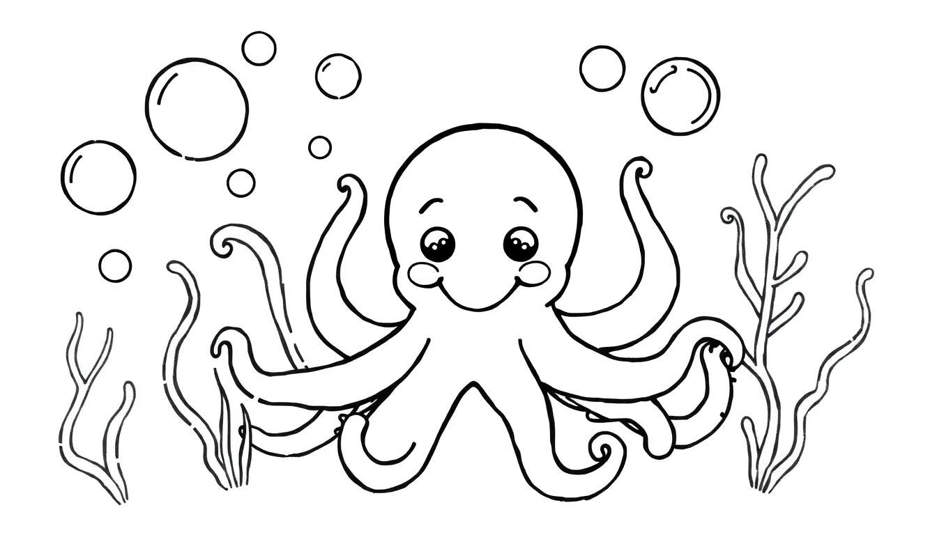 Placa de color de un pulpo amigable saludando en el fondo del mar.