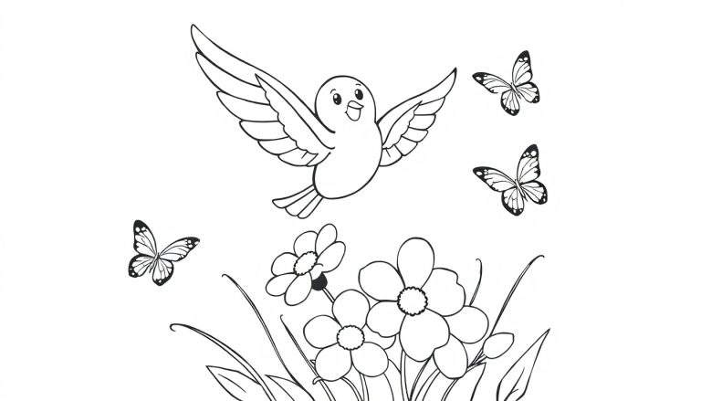 Placa de color de un pájaro volando feliz entre flores y mariposas.