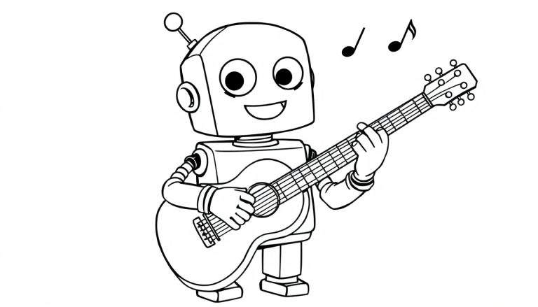 Un simpático robot sonriente tocando la guitarra, listo para colorear en esta placa de color.