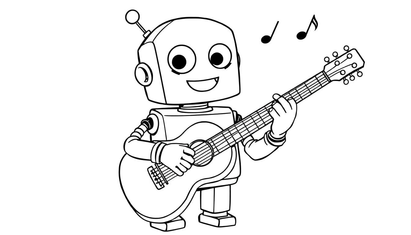 Un simpático robot sonriente tocando la guitarra, listo para colorear en esta placa de color.