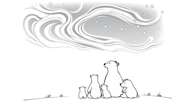Placa de color de una familia de osos polares mirando la aurora boreal.