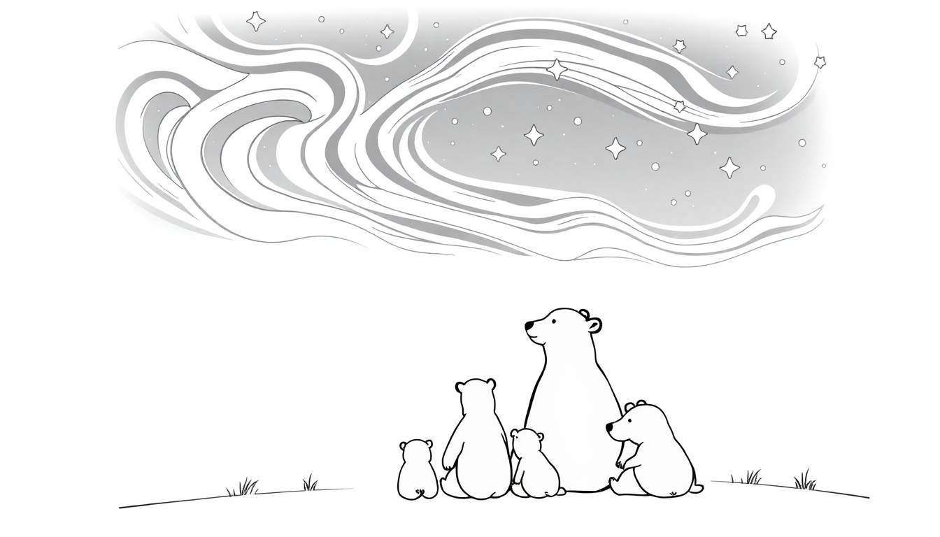 Placa de color de una familia de osos polares mirando la aurora boreal.