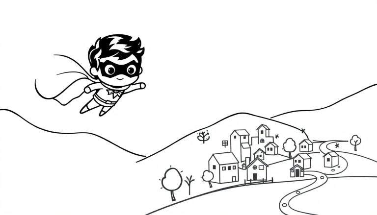 Un pequeño superhéroe volando sobre una placa de color de un pueblo y montañas.