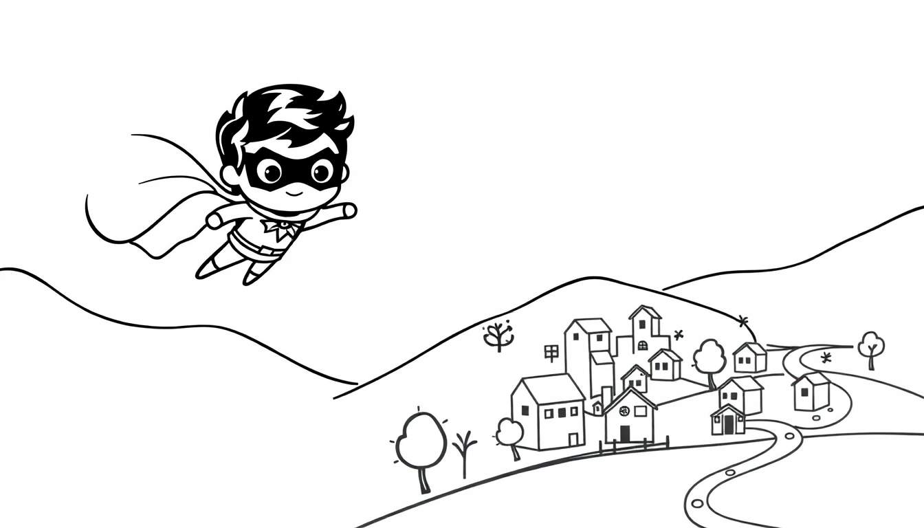 Un pequeño superhéroe volando sobre una placa de color de un pueblo y montañas.