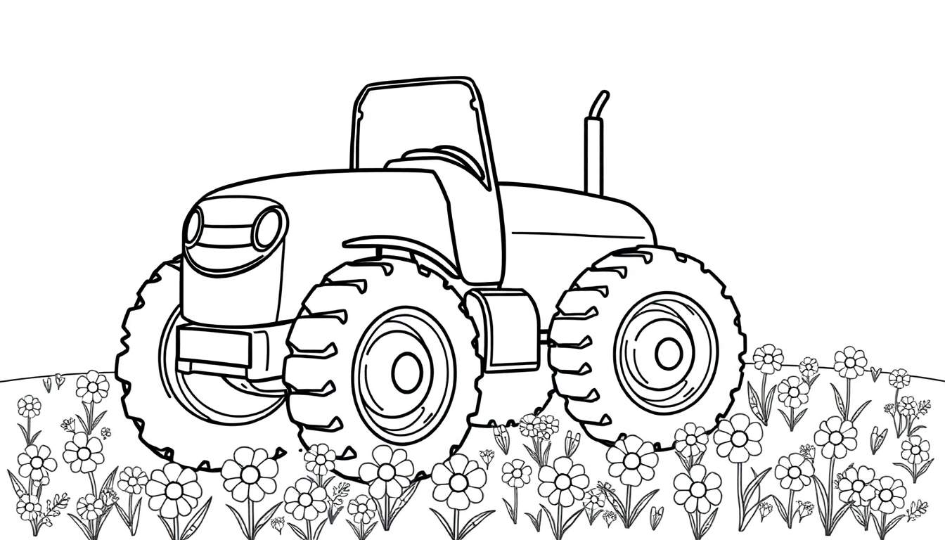 Placa de color de un tractor amigable en un campo de flores.