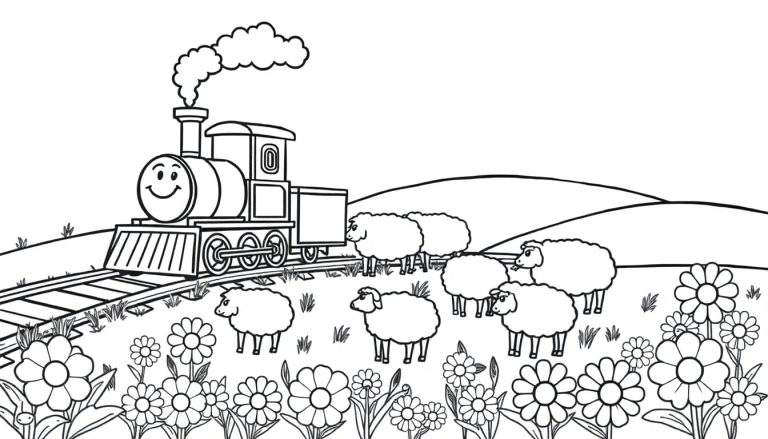 Placa de color: un tren de vapor amigable con cara sonriente viaja a través de un paisaje rural con ovejas y flores.