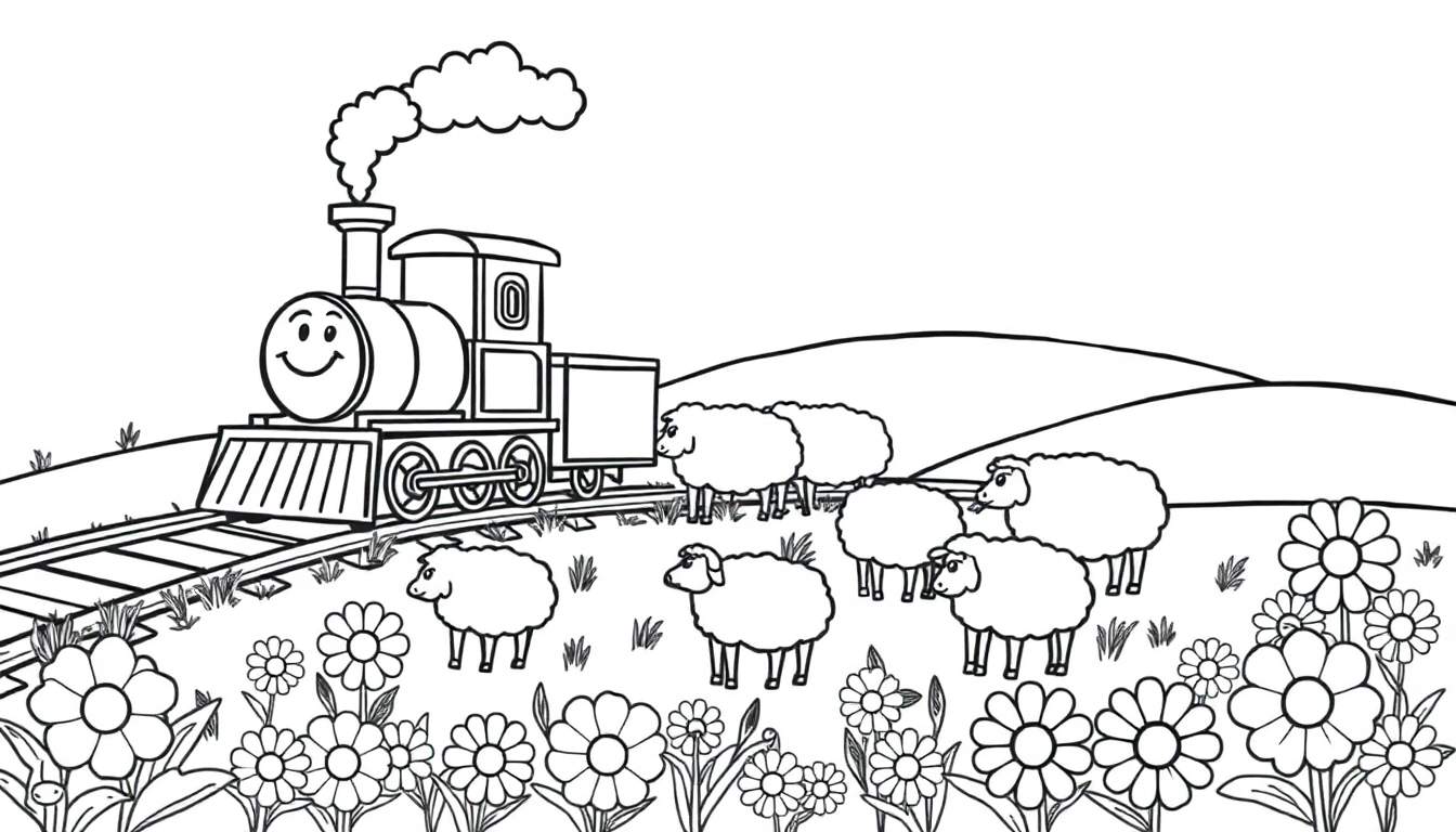 Placa de color: un tren de vapor amigable con cara sonriente viaja a través de un paisaje rural con ovejas y flores.