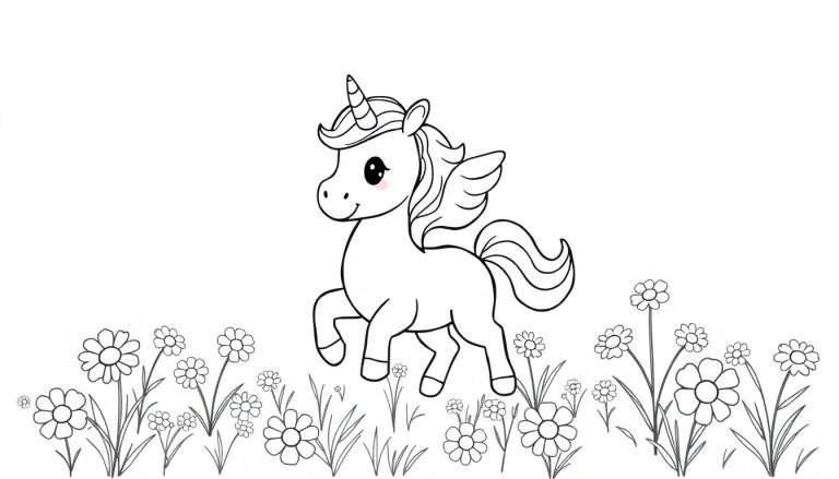 Placa de color de un unicornio tierno en un campo de flores.