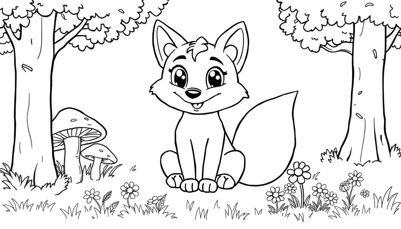 Zorro de dibujos animados sentado en un bosque con flores y árboles, listo para colorear.