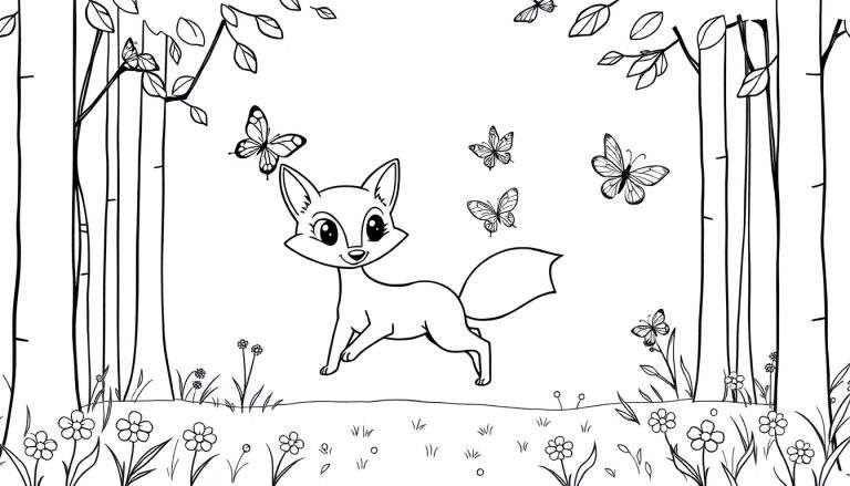 Placa de color: Un zorro juguetón persiguiendo mariposas en un bosque soleado.