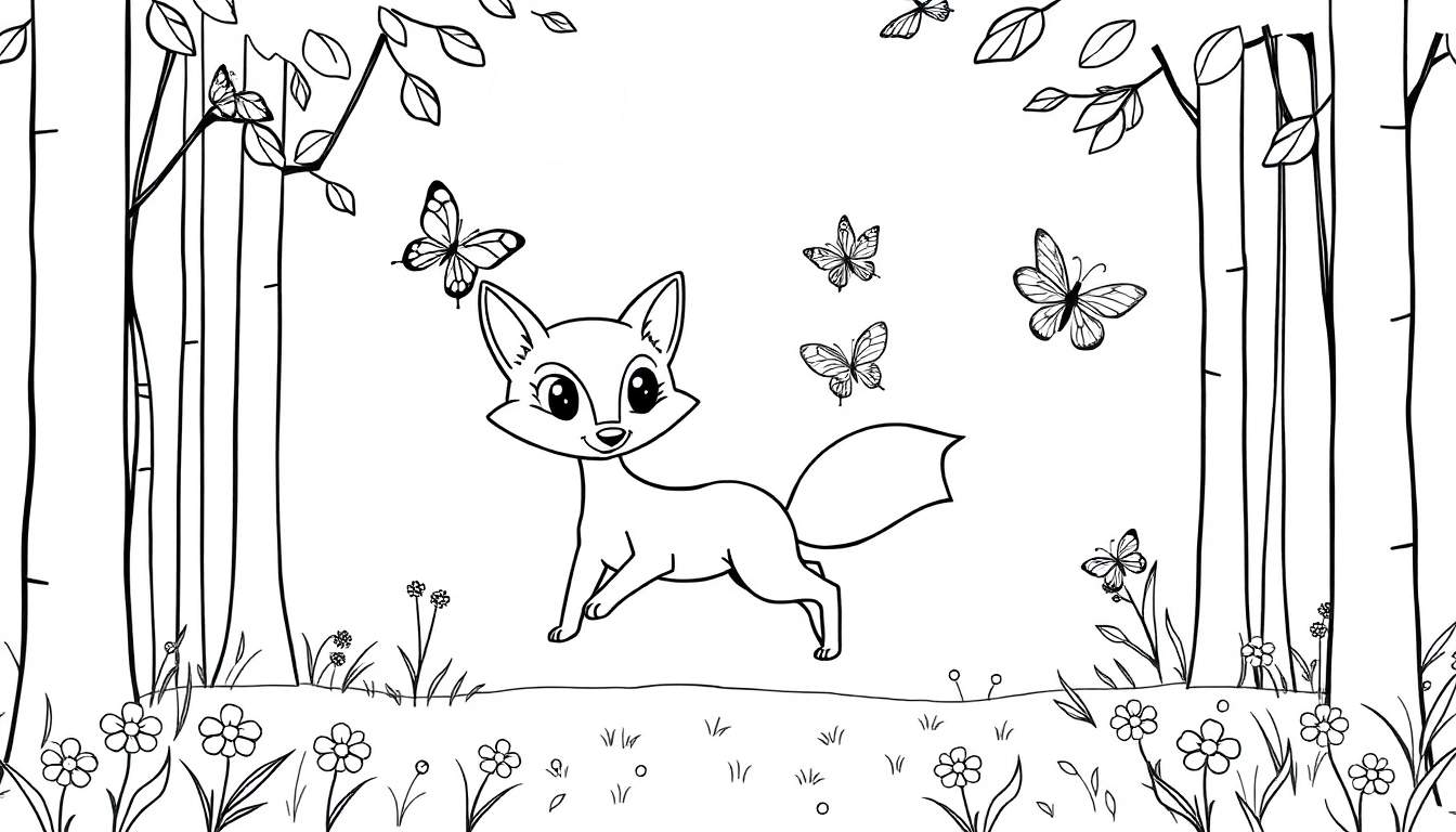 Placa de color: Un zorro juguetón persiguiendo mariposas en un bosque soleado.