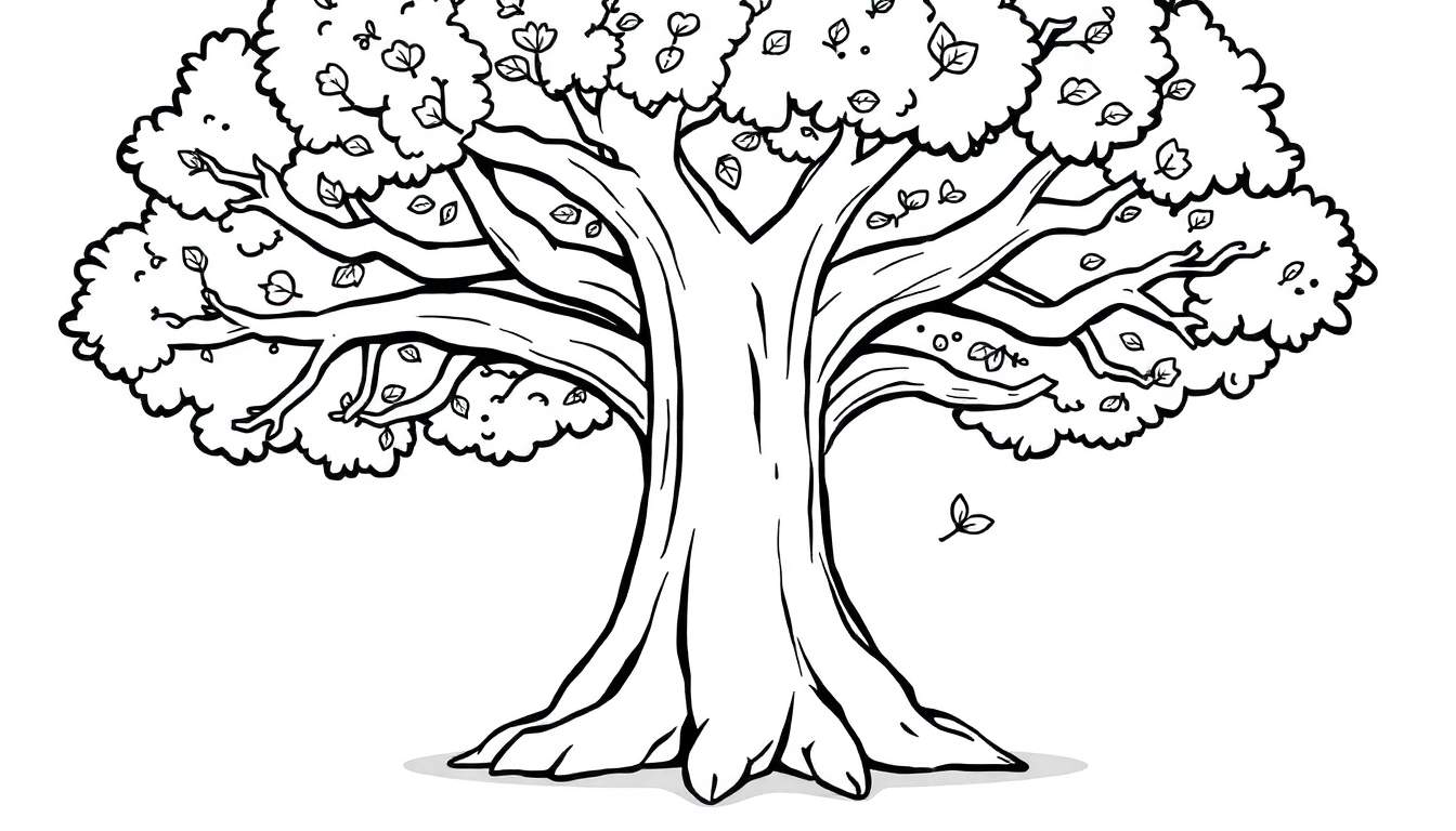 Placa de color de un árbol amigable con hojas para colorear.