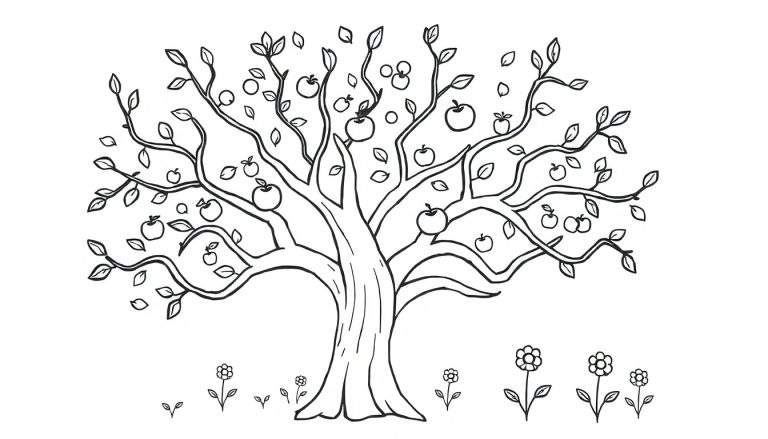 Placa de color de un árbol frutal amigable con manzanas y flores.