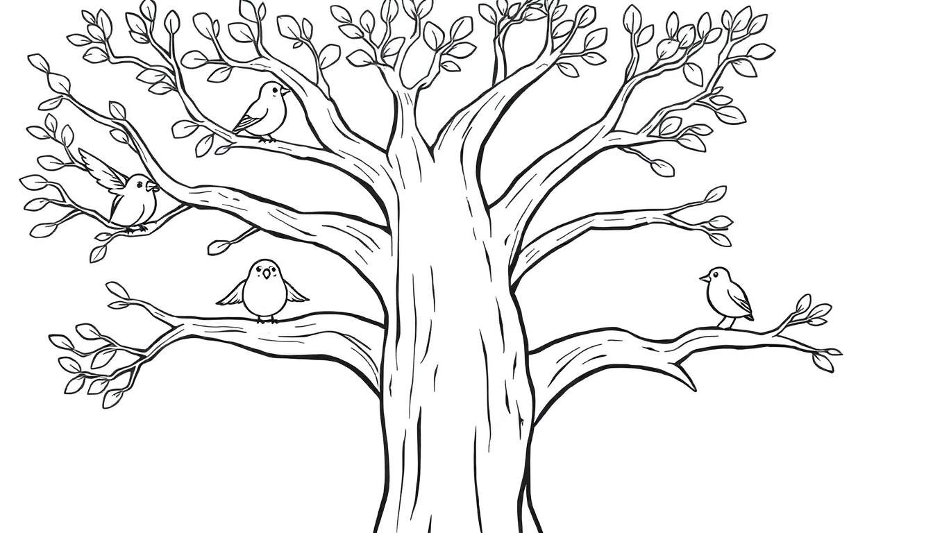 Placa de color de un árbol amigable con pájaros posados en sus ramas.