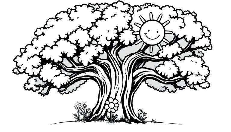 Una placa de color de un árbol amistoso, un sol sonriente y margaritas.