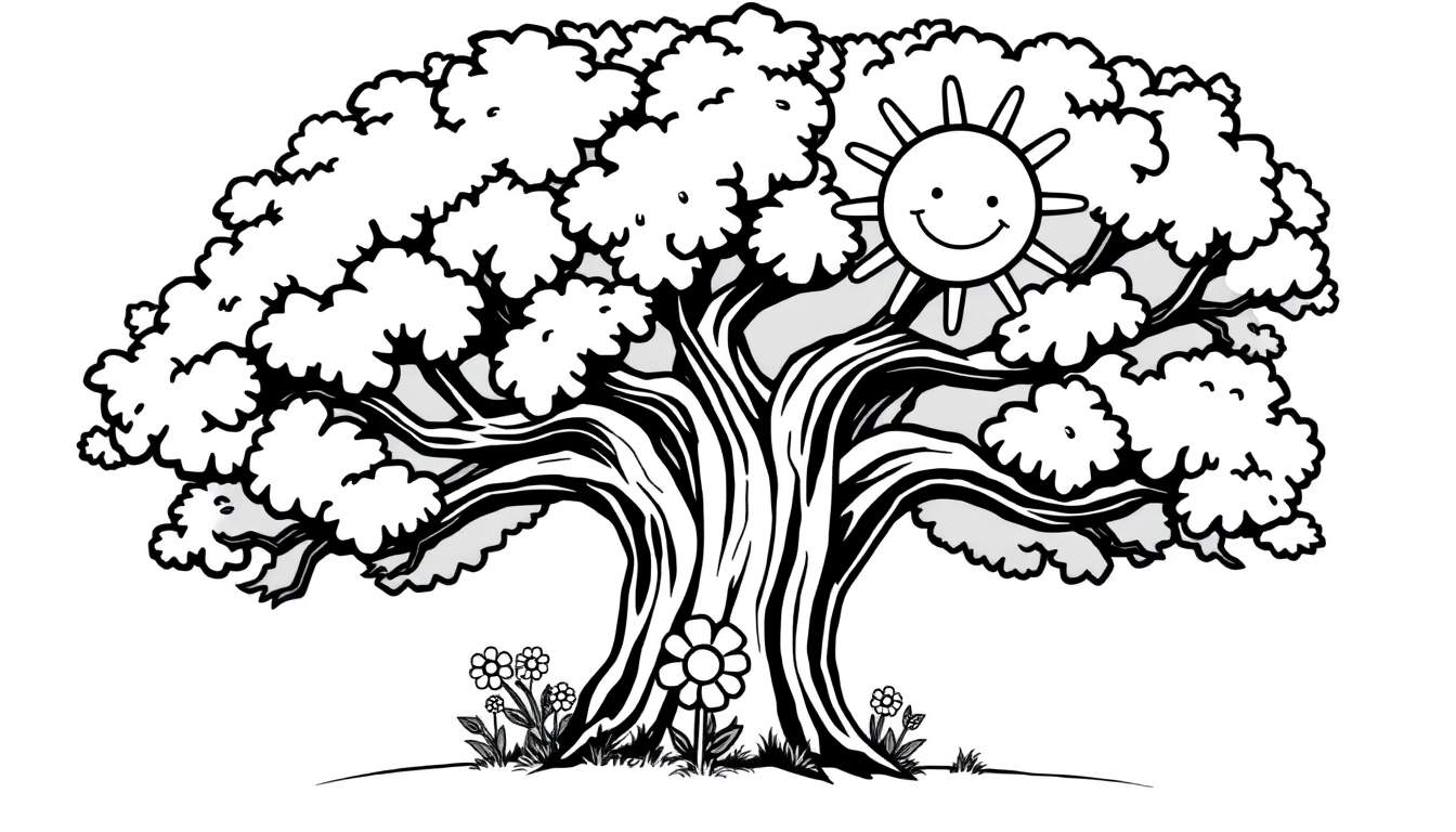 Una placa de color de un árbol amistoso, un sol sonriente y margaritas.