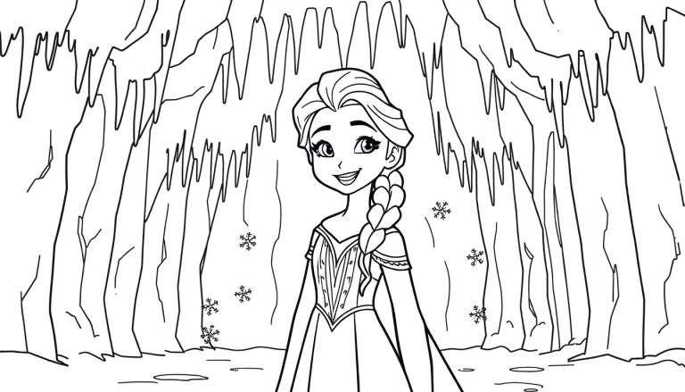 Dibujo de Elsa para colorear en su castillo de hielo, con copos de nieve.