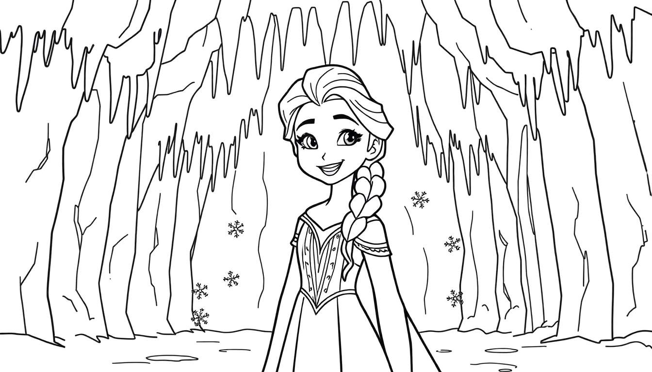 Dibujo de Elsa para colorear en su castillo de hielo, con copos de nieve.
