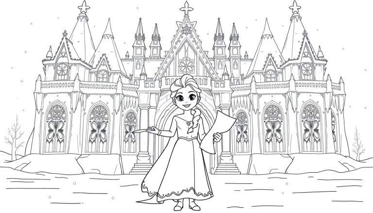 Dibujo lineal de Elsa con su castillo de hielo, lista para colorear. Placa de color.