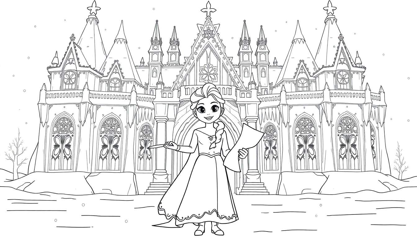 Dibujo lineal de Elsa con su castillo de hielo, lista para colorear. Placa de color.