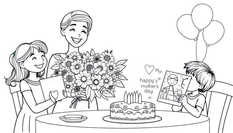 Placa de color para colorear del Día de la Madre con una familia celebrando, mostrando una madre con flores, una niña entregando una tarjeta y un niño mostrando un dibujo.