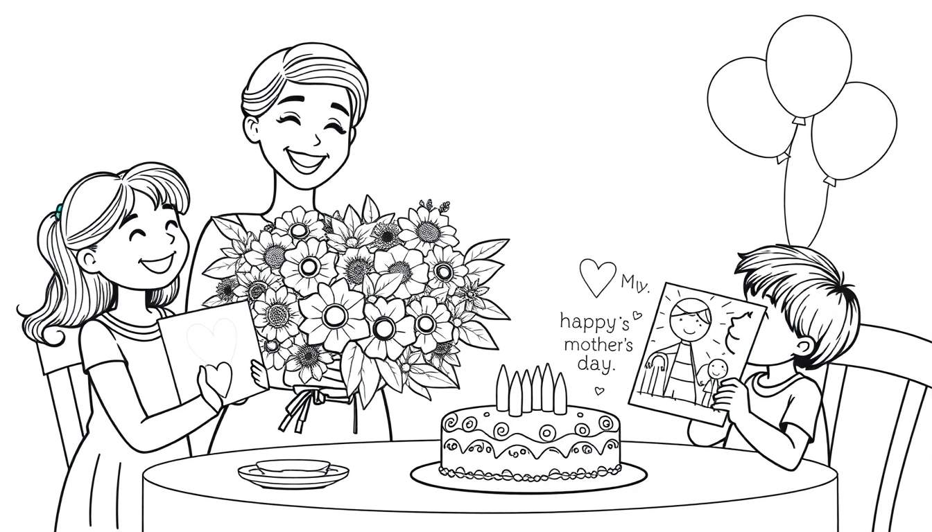 Placa de color para colorear del Día de la Madre con una familia celebrando, mostrando una madre con flores, una niña entregando una tarjeta y un niño mostrando un dibujo.