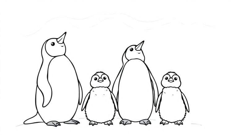 Placa de color de una familia de pingüinos de dibujos animados.