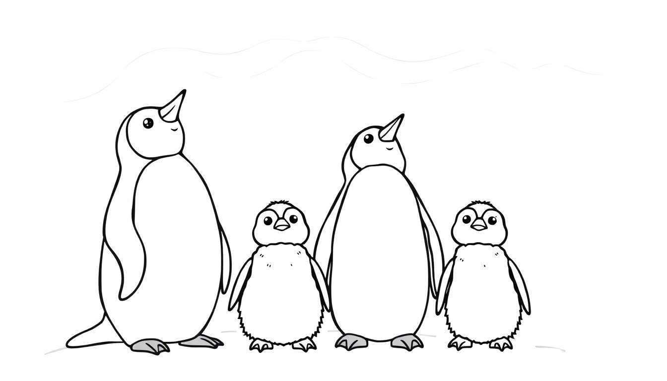 Placa de color de una familia de pingüinos de dibujos animados.