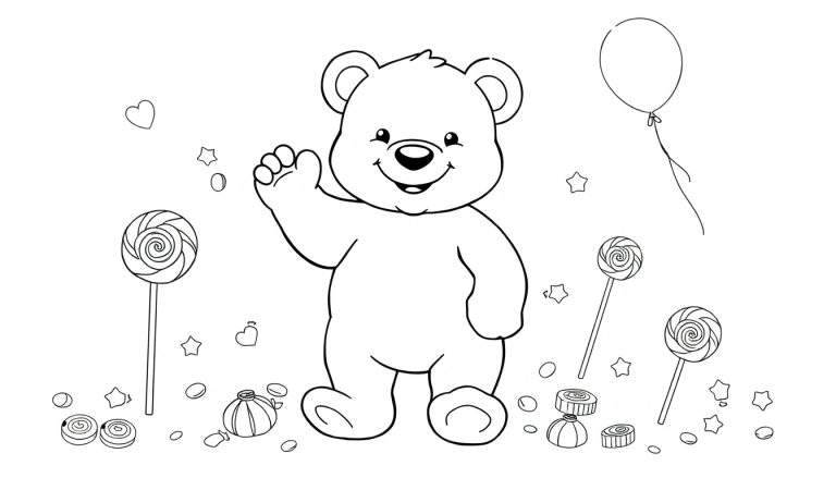 Placa de color de un oso de peluche saludando rodeado de dulces, corazones, estrellas y un globo.