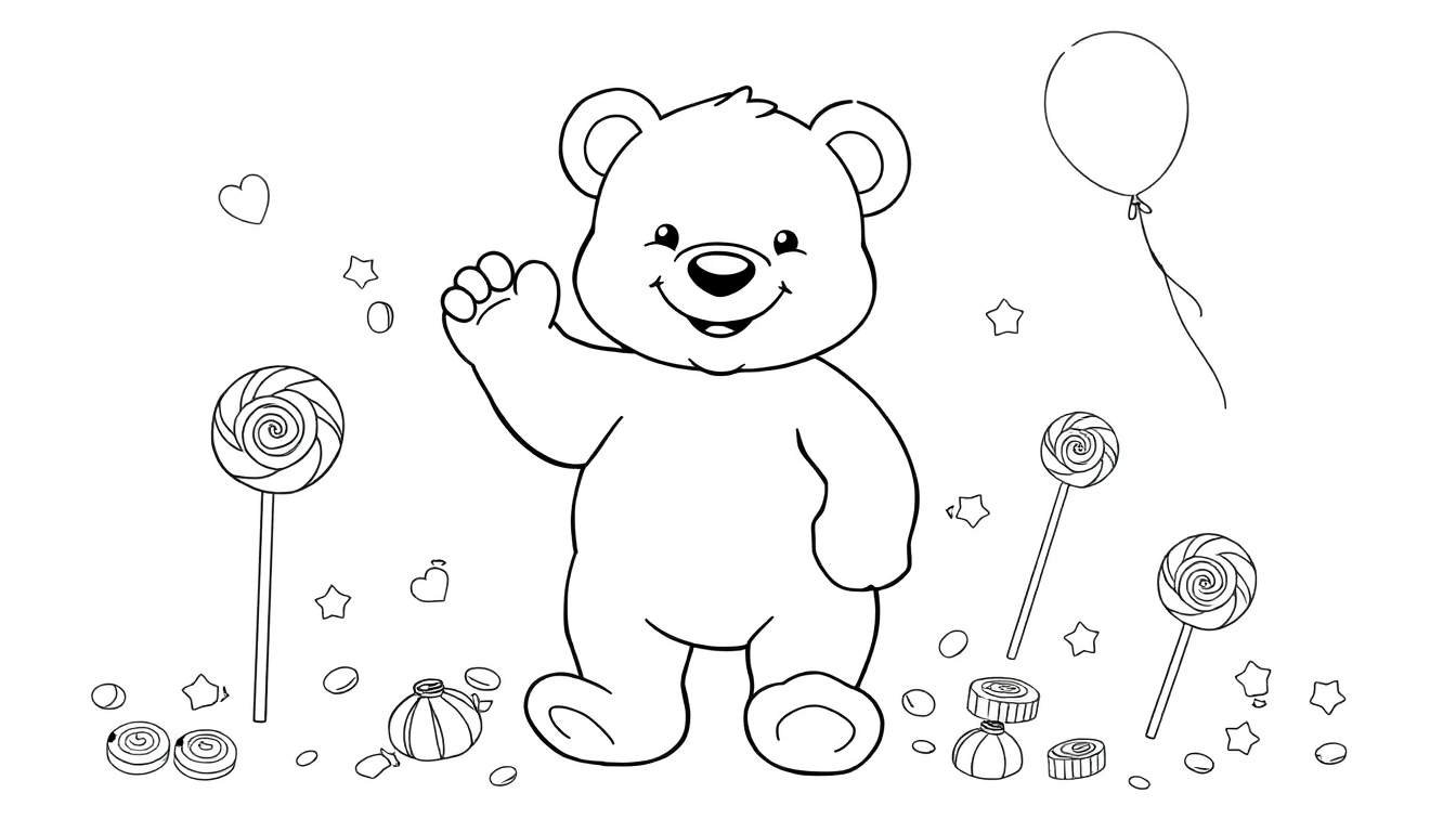 Placa de color de un oso de peluche saludando rodeado de dulces, corazones, estrellas y un globo.