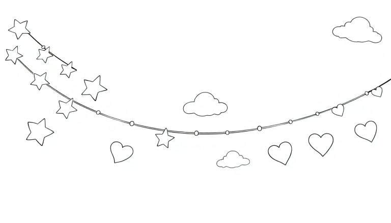 Una ilustración lineal en blanco y negro de una guirnalda festiva con estrellas y corazones para colorear, rodeada de nubes