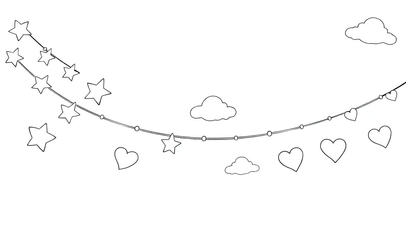 Una ilustración lineal en blanco y negro de una guirnalda festiva con estrellas y corazones para colorear, rodeada de nubes