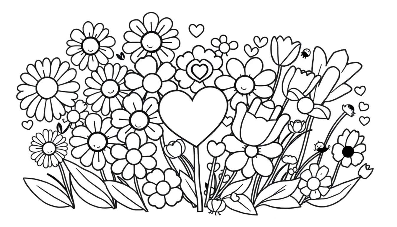 Placa de color para colorear del Día de la Madre con flores y corazones.
