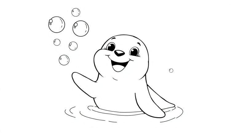 Foca sonriente jugando con burbujas, lista para colorear en una placa de color.