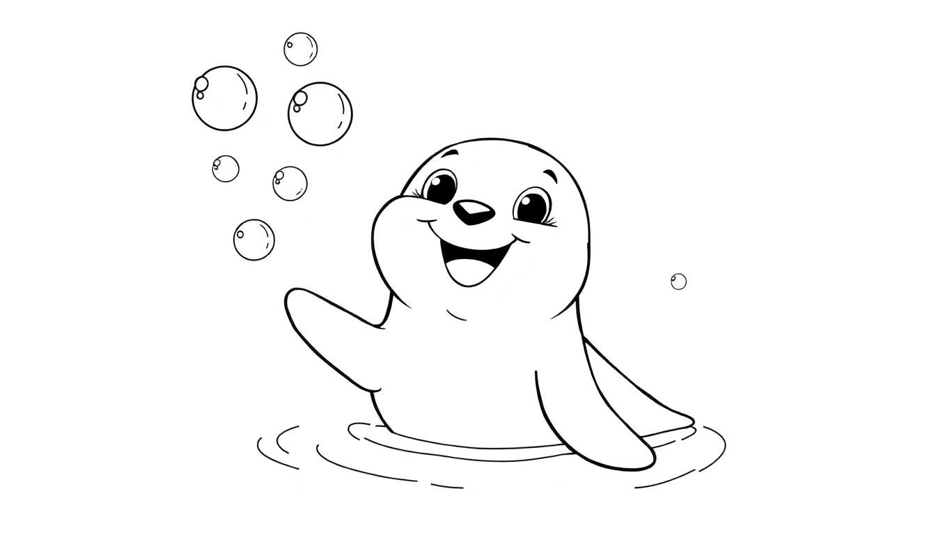 Foca sonriente jugando con burbujas, lista para colorear en una placa de color.