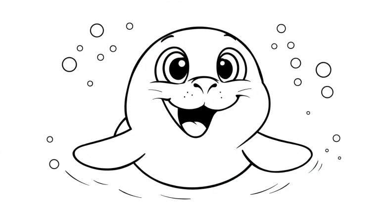 Dibujo lineal en blanco y negro de una foca bebé sonriente nadando con burbujas, lista para colorear.