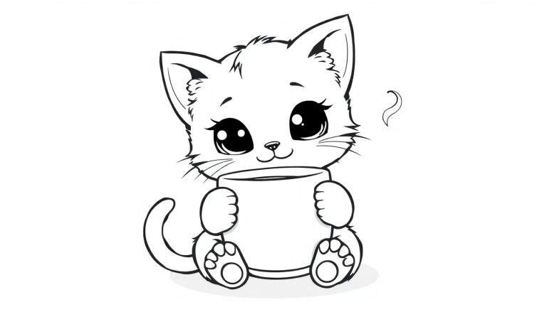 Placa de color de un gatito kawaii con una taza de té.