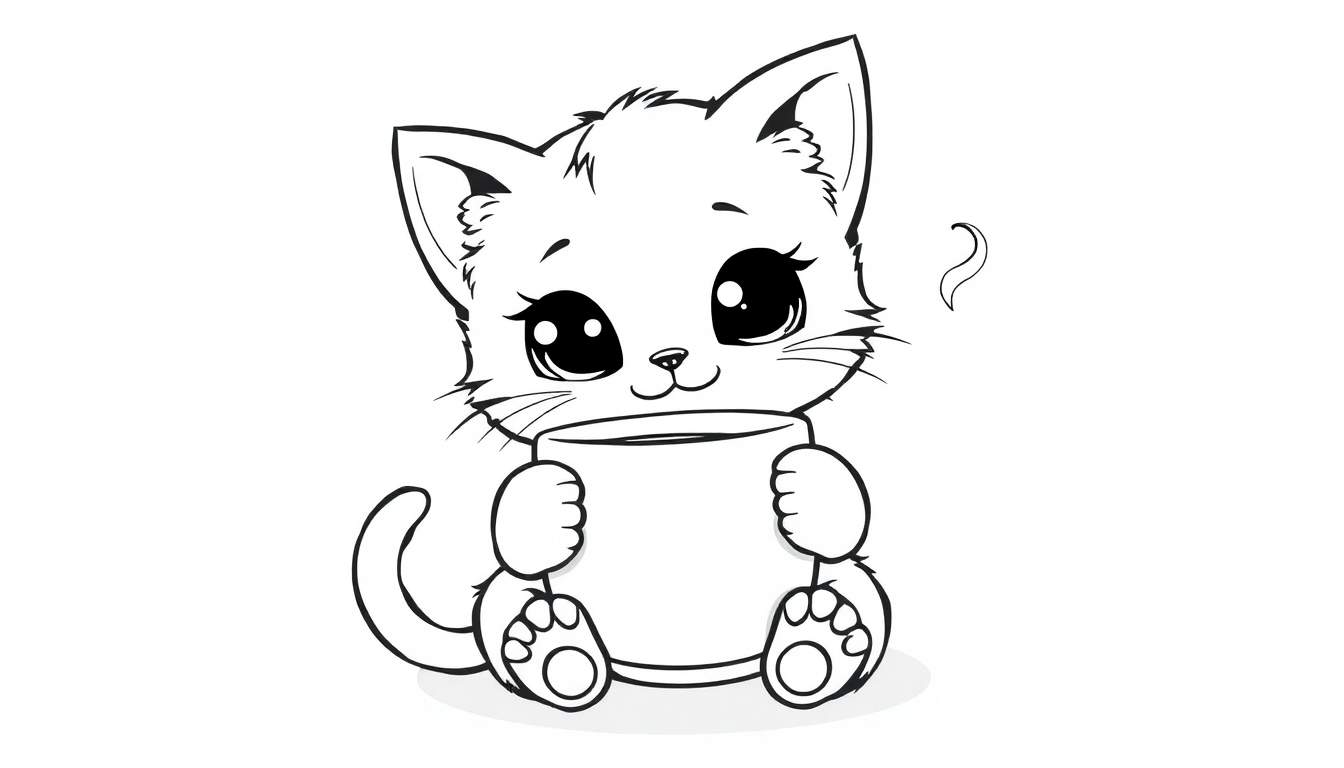 Placa de color de un gatito kawaii con una taza de té.