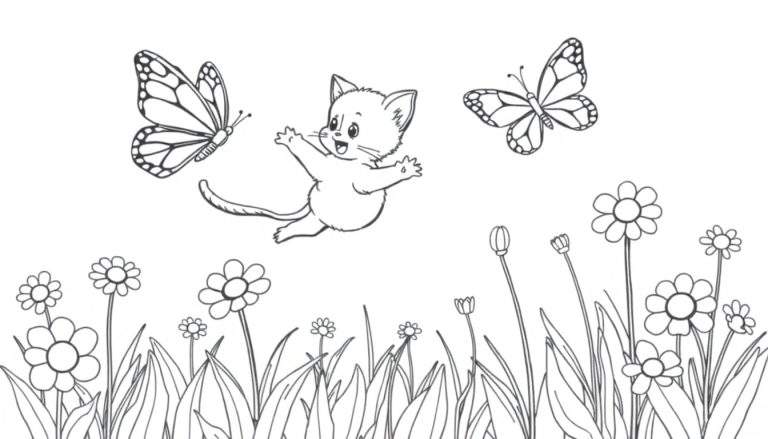 Placa de color de un gatito saltando con mariposas y flores.
