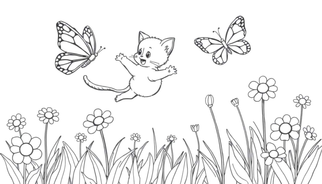 Placa de color de un gatito saltando con mariposas y flores.