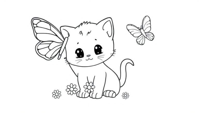 Placa de color de un gatito chibi con mariposas y flores.